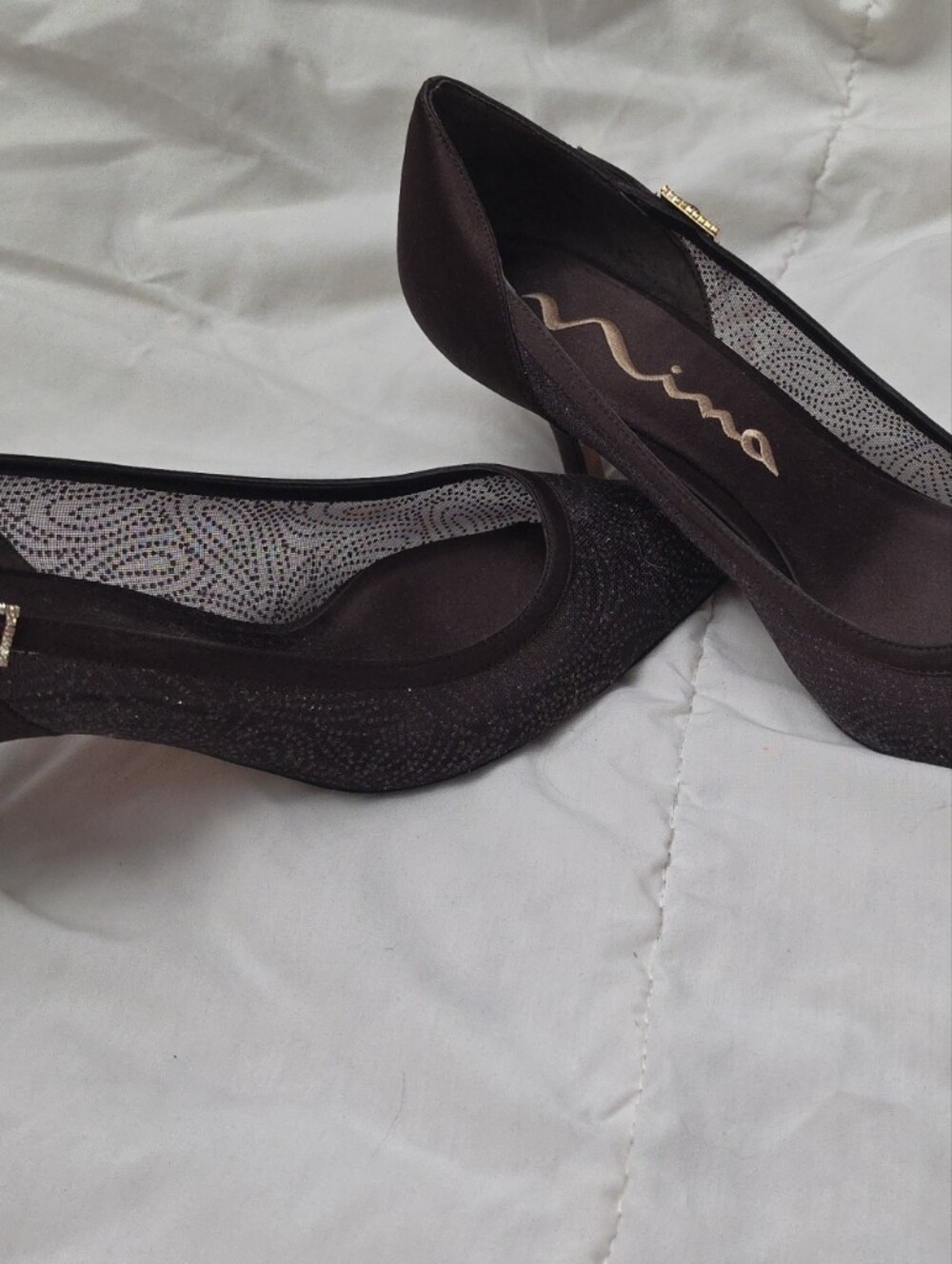 Nina,  Brown Pointed-Toe Heels with Rhinestone Buckle